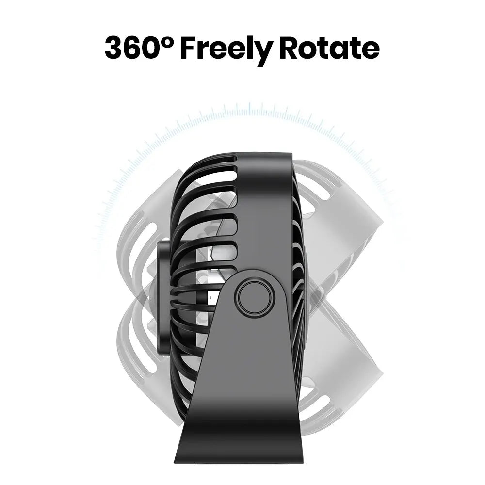 Black portable fan with 360-degree rotation feature on a white background