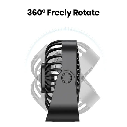 Black portable fan with 360-degree rotation feature on a white background