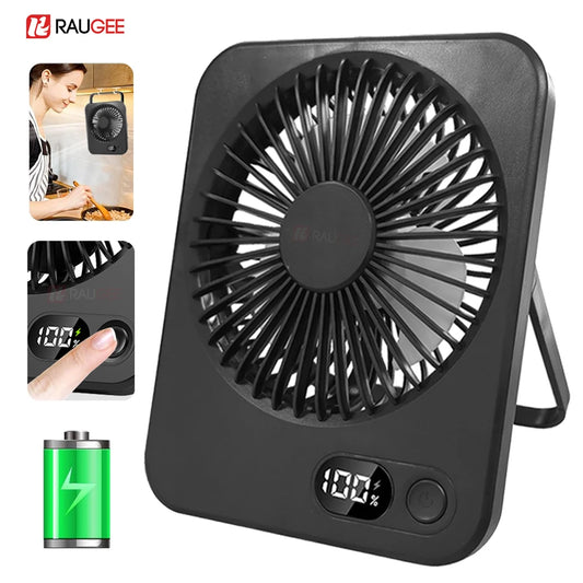 Black portable fan with digital display and charging indicator on a white background