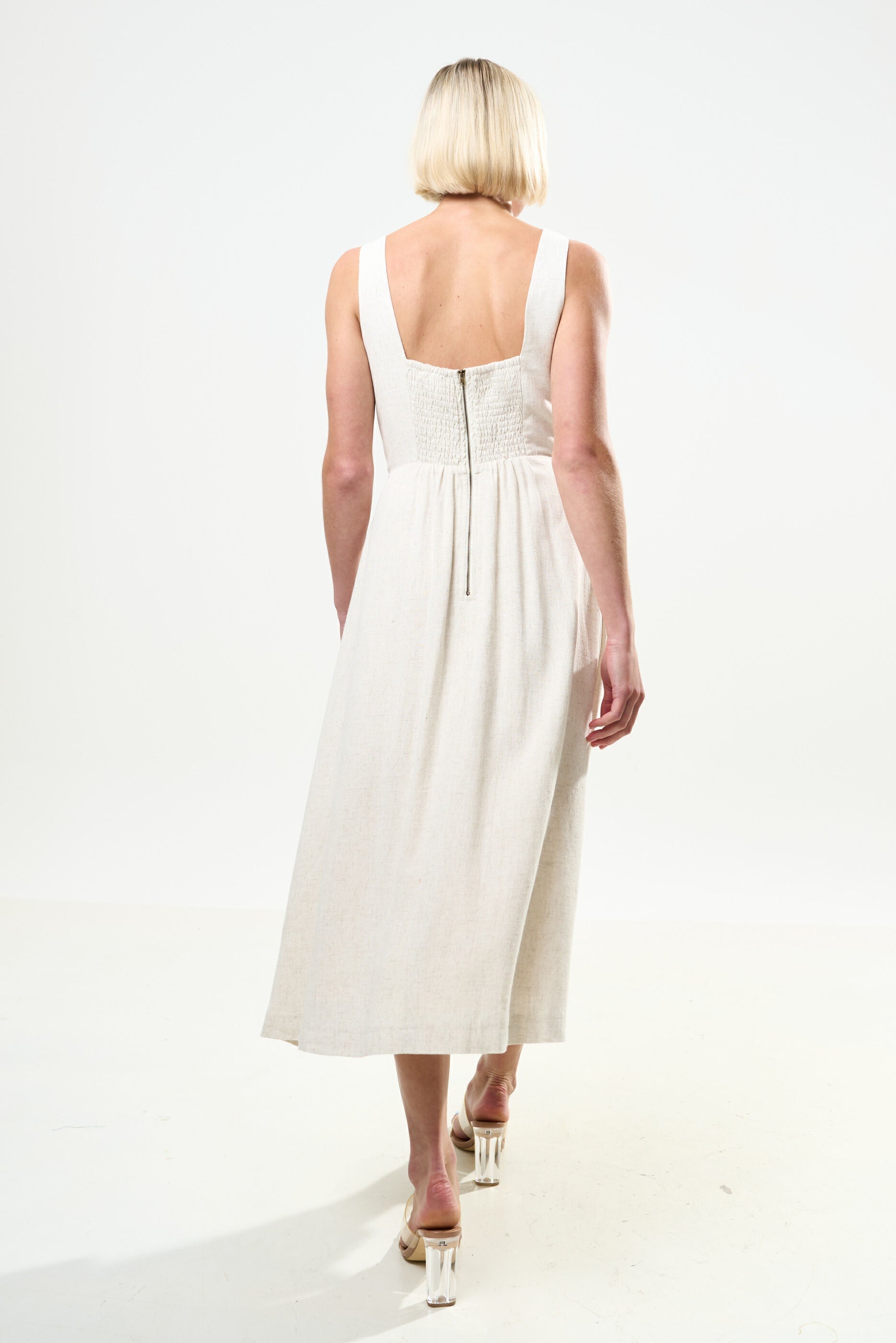 Baya Linen Mix Square Neck Midi Dress - Natural - Bascora