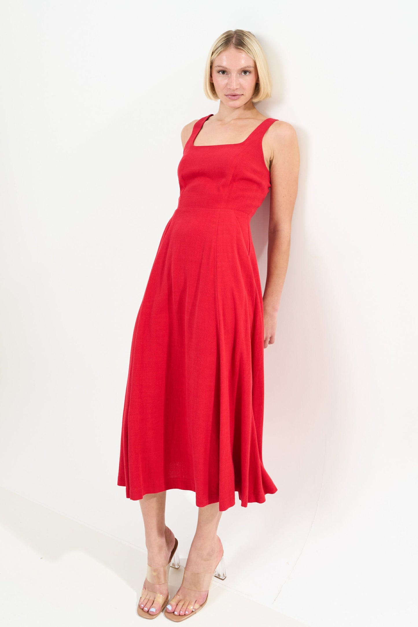 Baya Linen Mix Square Neck Midi Dress – Red - Bascora