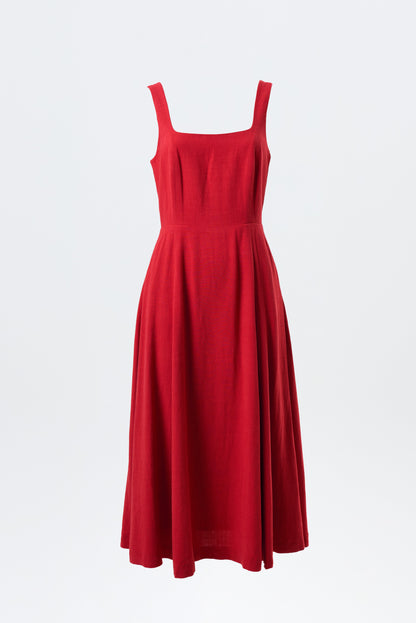 Baya Linen Mix Square Neck Midi Dress – Red - Bascora