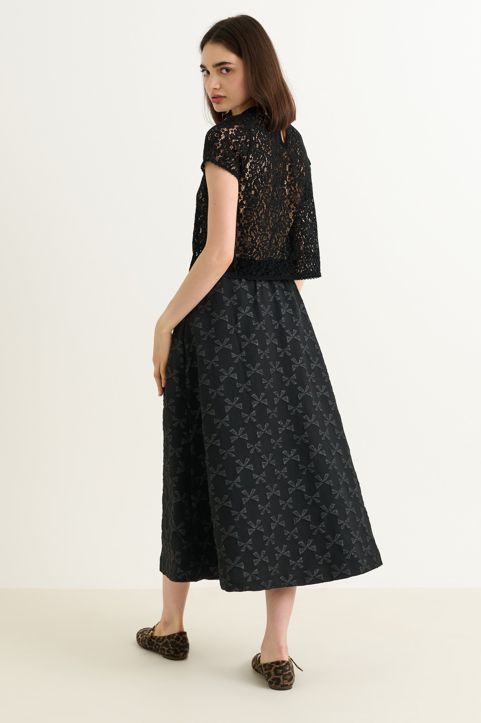 Belita Bow Black Jacquard Midi Skirt - Bascora