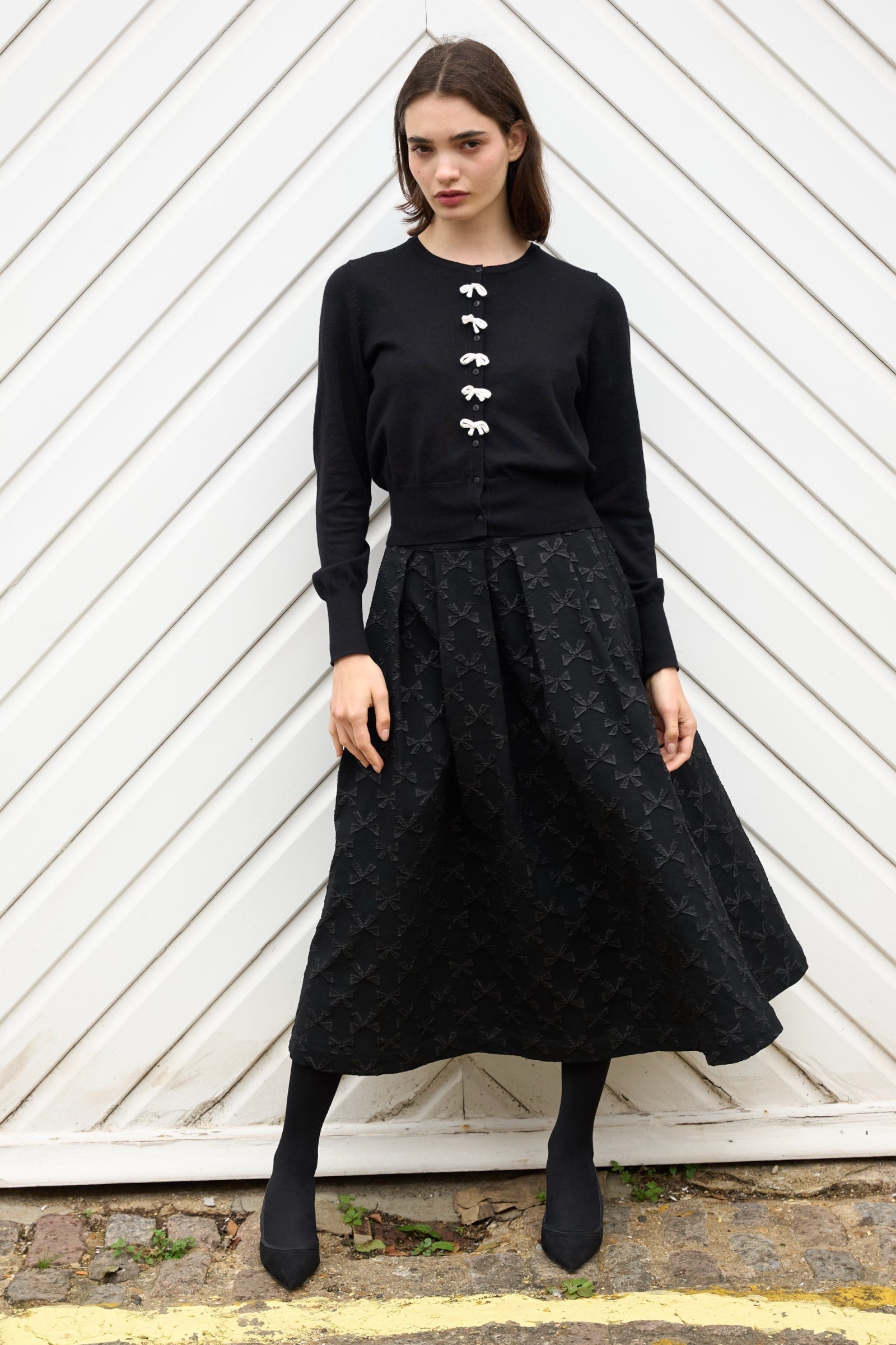 Belita Bow Black Jacquard Midi Skirt - Bascora