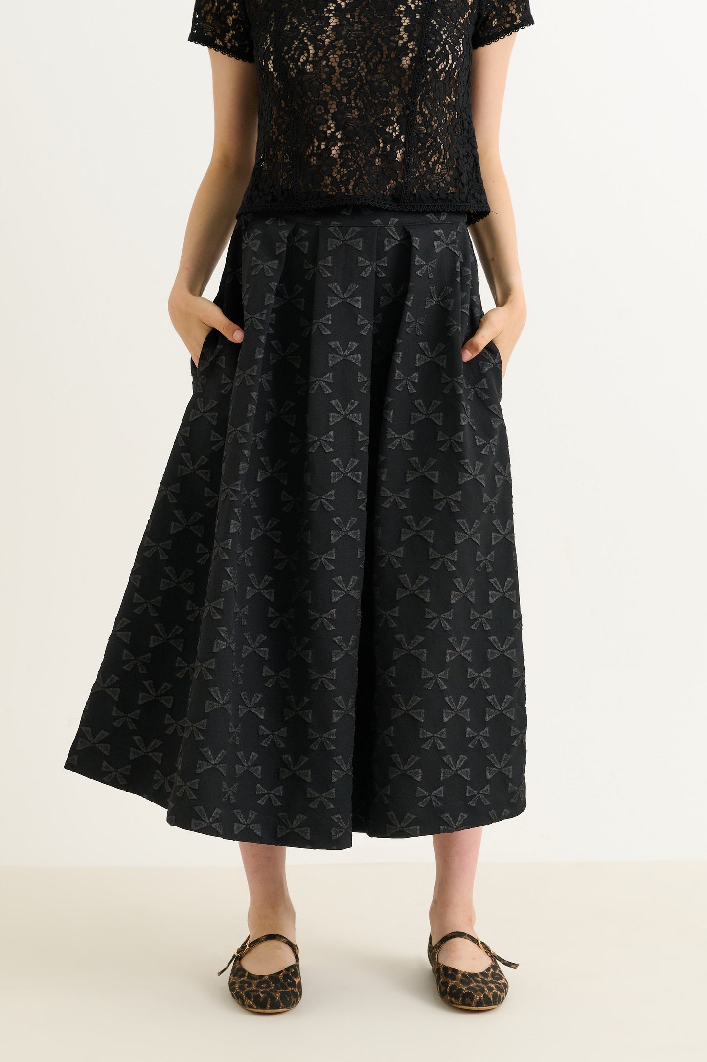 Belita Bow Black Jacquard Midi Skirt - Bascora
