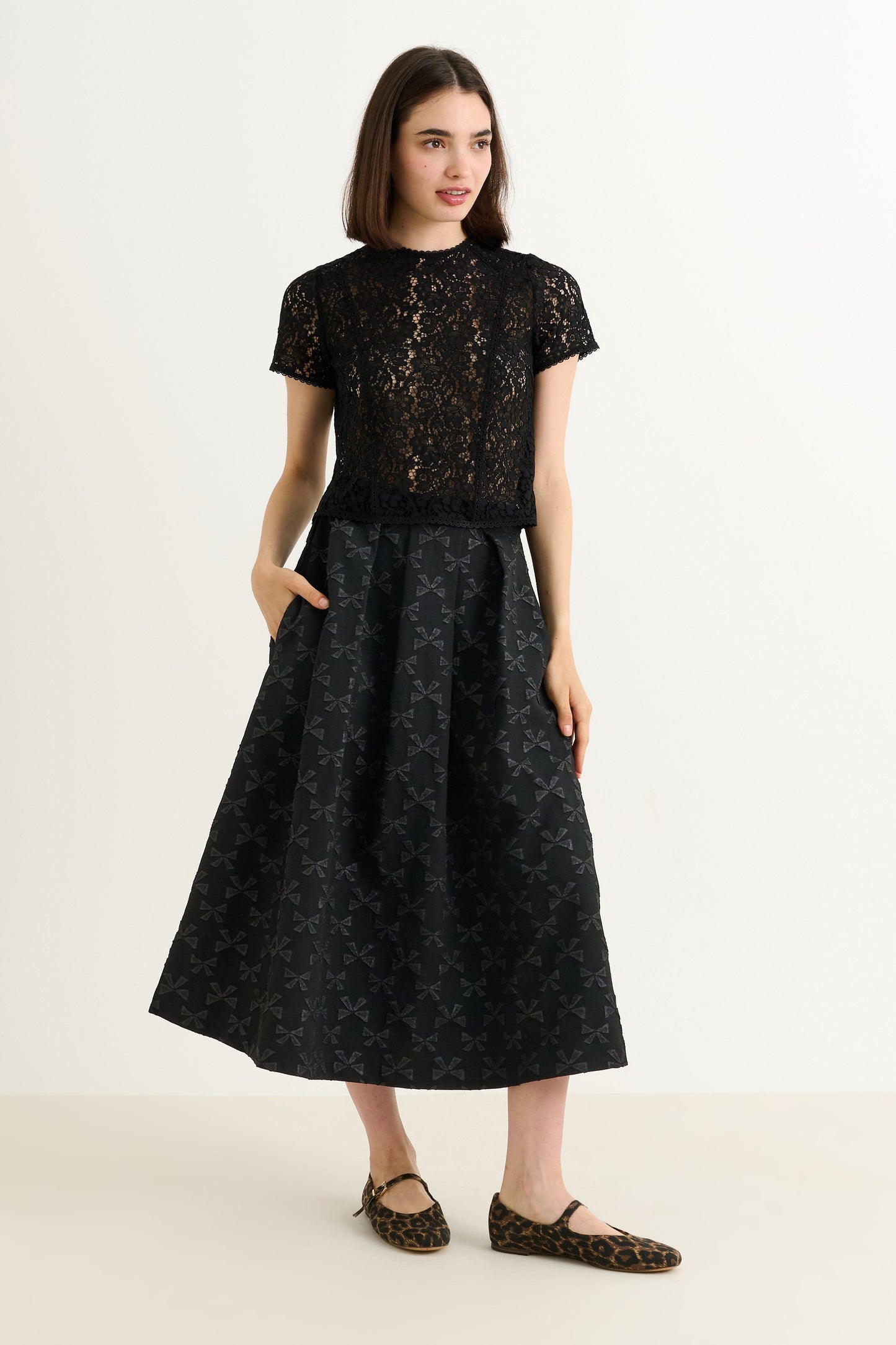 Belita Bow Black Jacquard Midi Skirt - Bascora