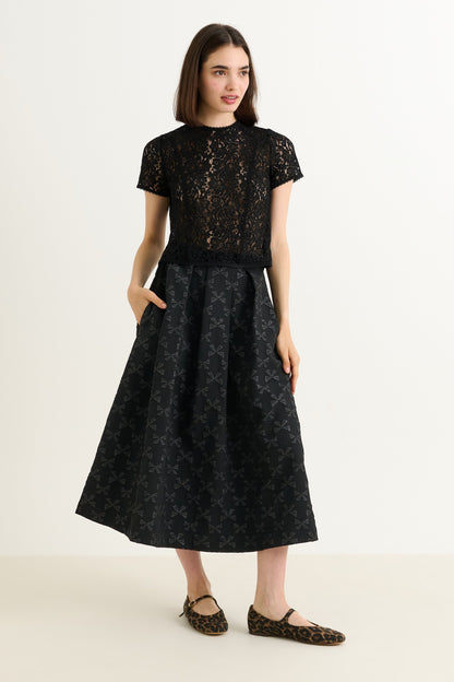 Belita Bow Black Jacquard Midi Skirt - Bascora