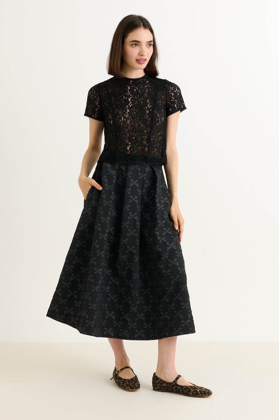 Belita Bow Black Jacquard Midi Skirt - Bascora