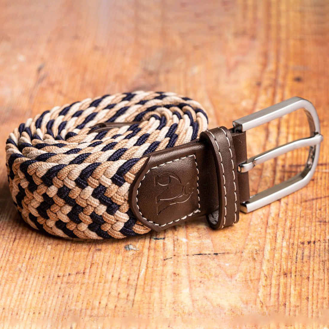 Swole Panda Woven Belt in Navy and Beige Zigzag