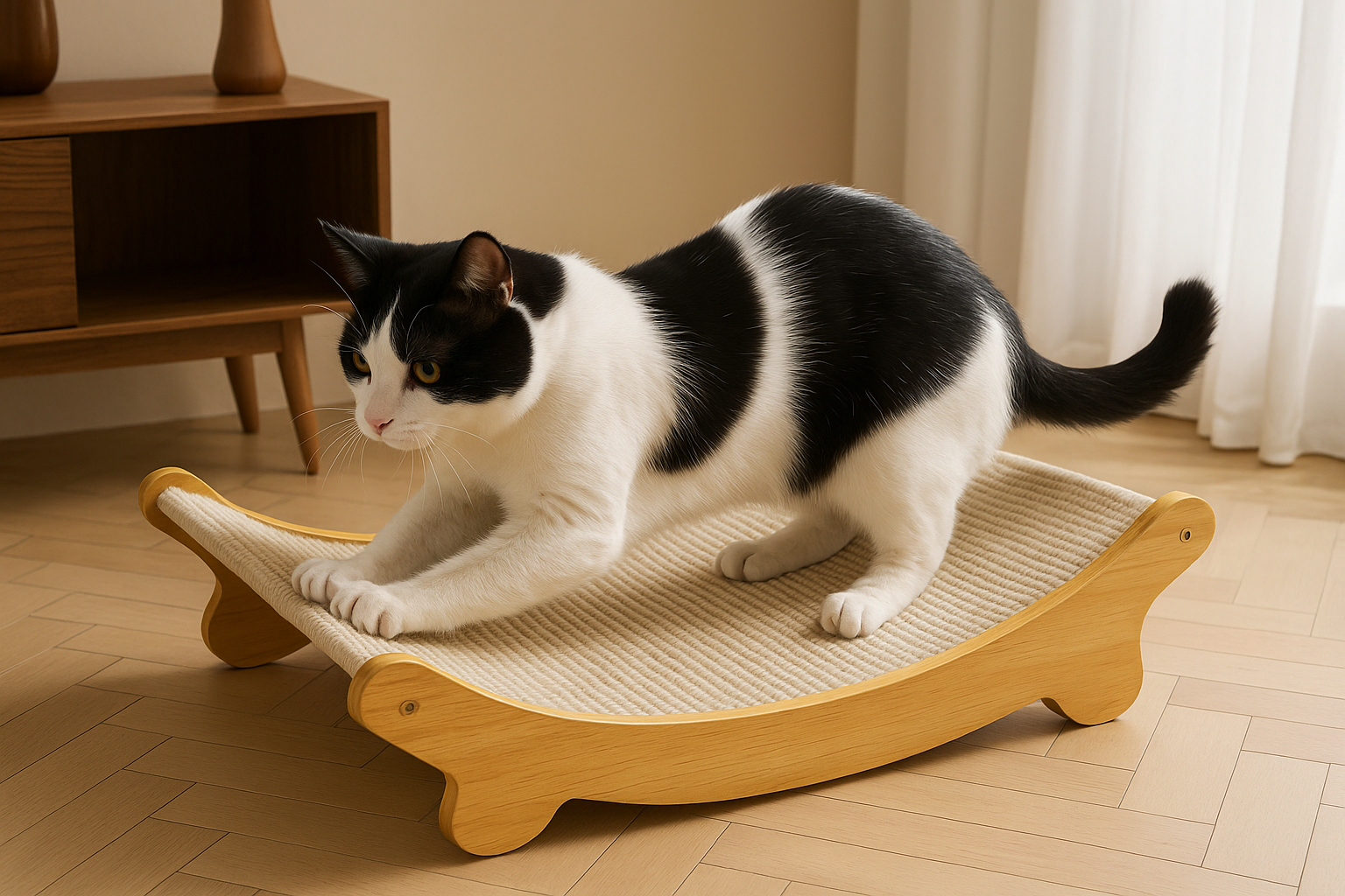 Black and white cat scratching the sisal surface
