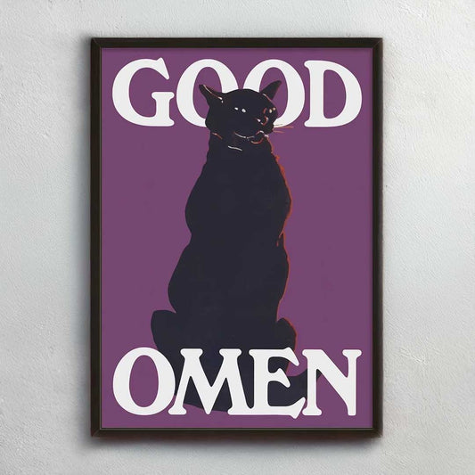 Framed poster with a black cat silhouette and 'Good Omen' text on a purple background.
