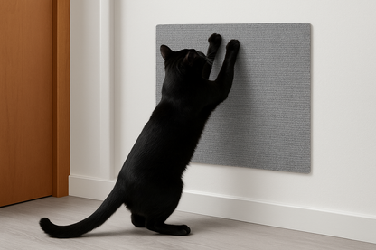 Black cat stretching up to scratch light gray wall mat