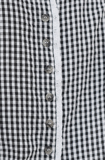 Black Gingham Cotton Top With Lace Trims - Bascora