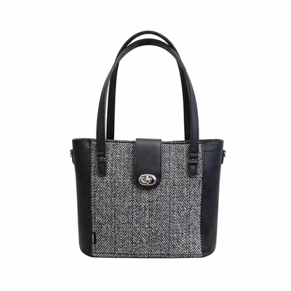 Tannery Tweed & Leather Mini Twist Lock Shopper Bag – Black