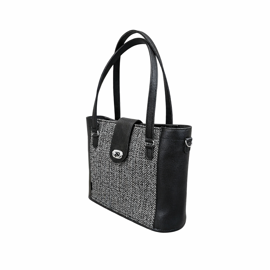 Tannery Tweed & Leather Mini Twist Lock Shopper Bag – Black