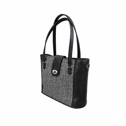 Tannery Tweed & Leather Mini Twist Lock Shopper Bag – Black