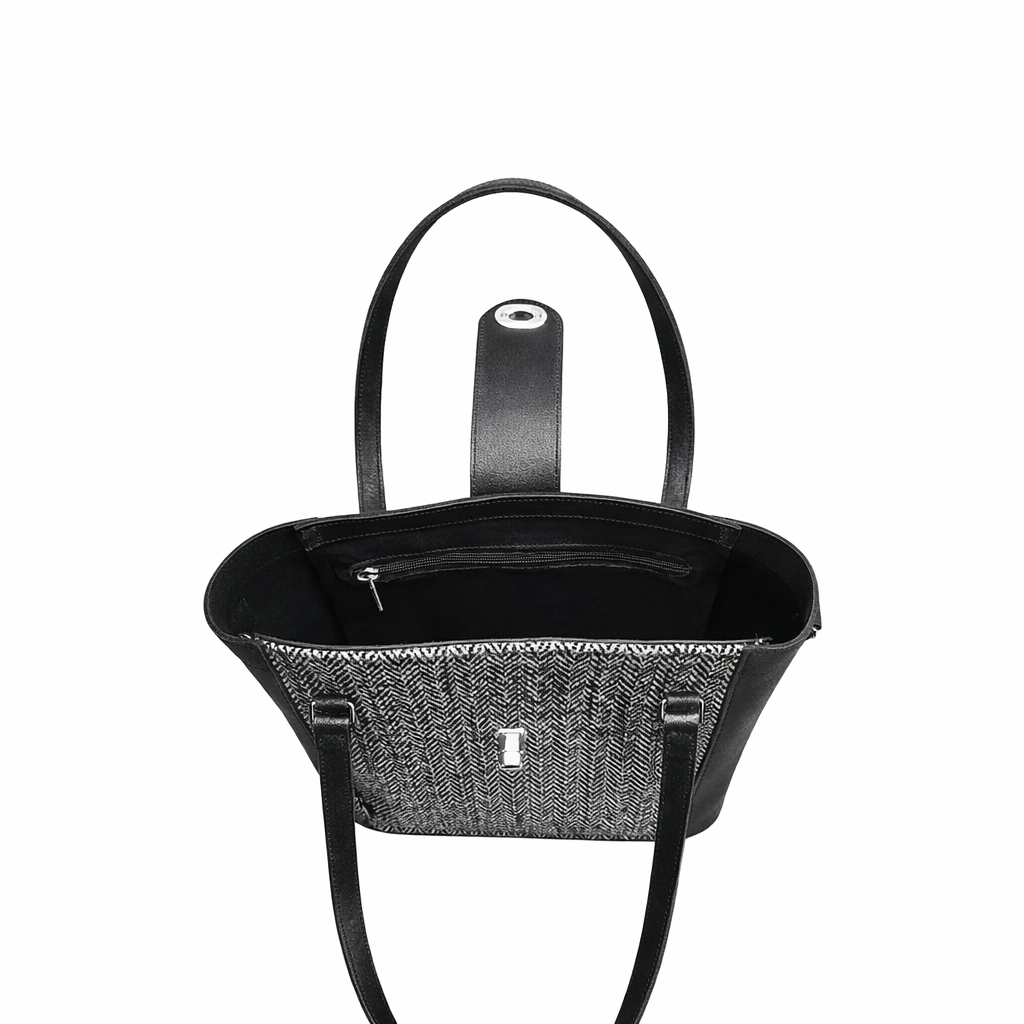 Tannery Tweed & Leather Mini Twist Lock Shopper Bag – Black