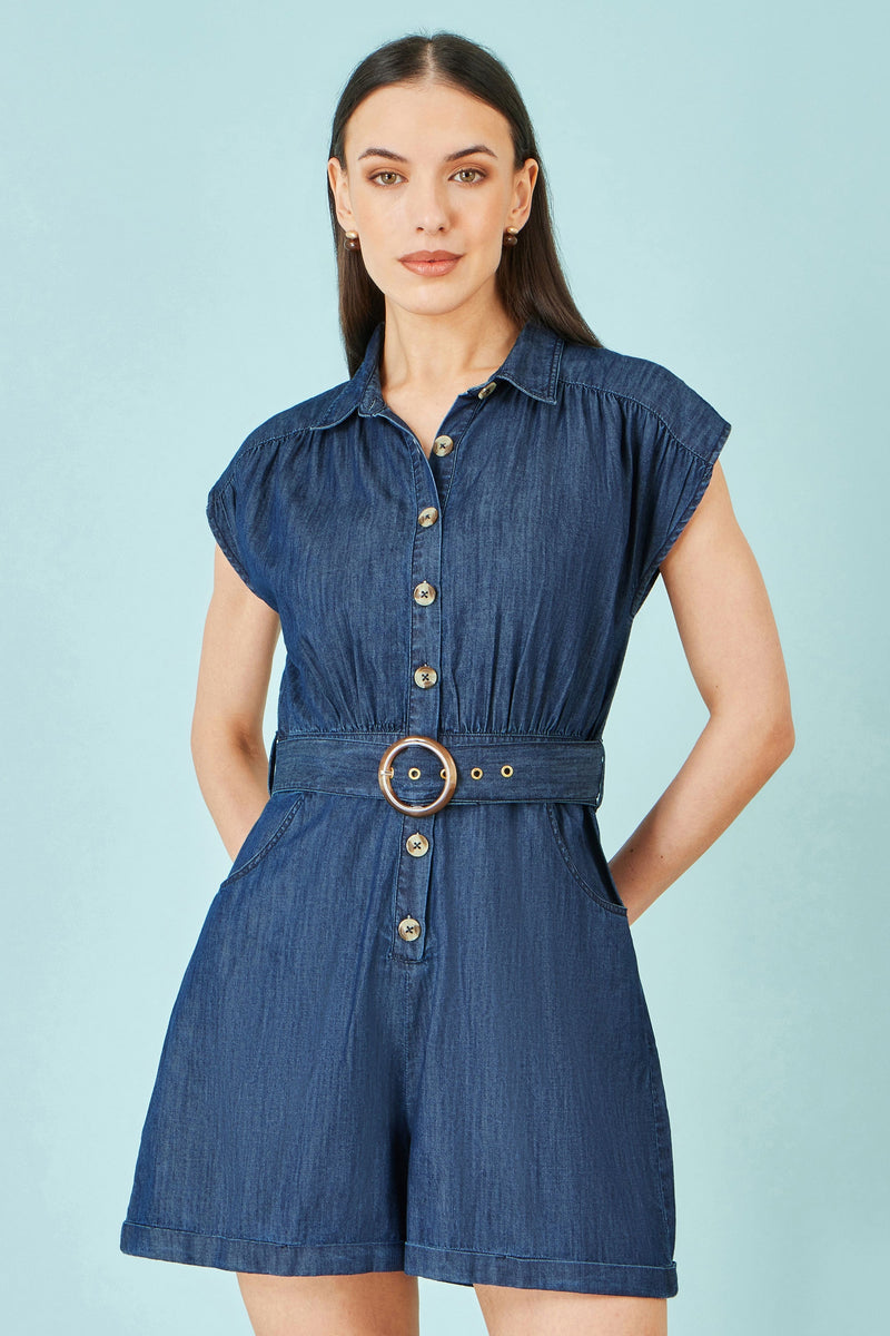 Blue Chambray Cotton Playsuit - Bascora