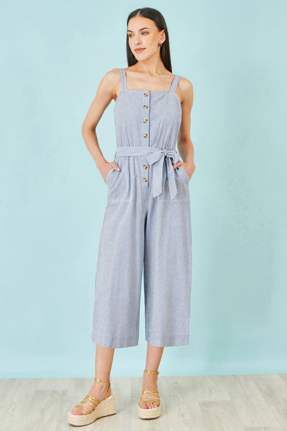 Blue Cotton Stripe Button Through Jumpsuit - Bascora