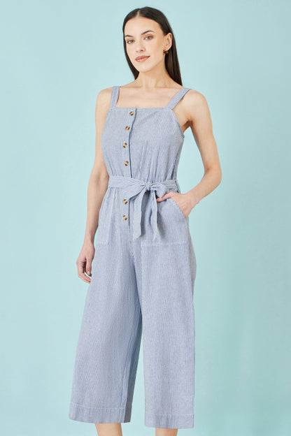 Blue Cotton Stripe Button Through Jumpsuit - Bascora