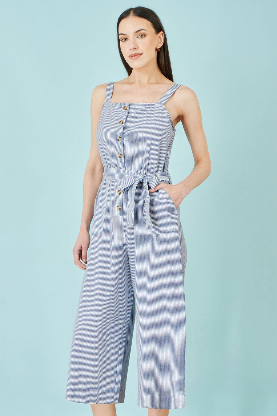 Blue Cotton Stripe Button Through Jumpsuit - Bascora