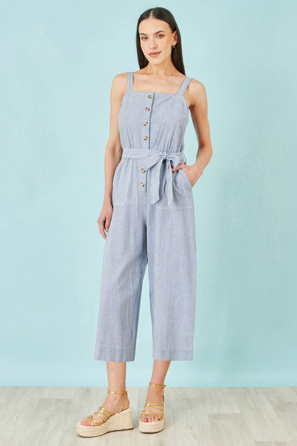 Blue Cotton Stripe Button Through Jumpsuit - Bascora