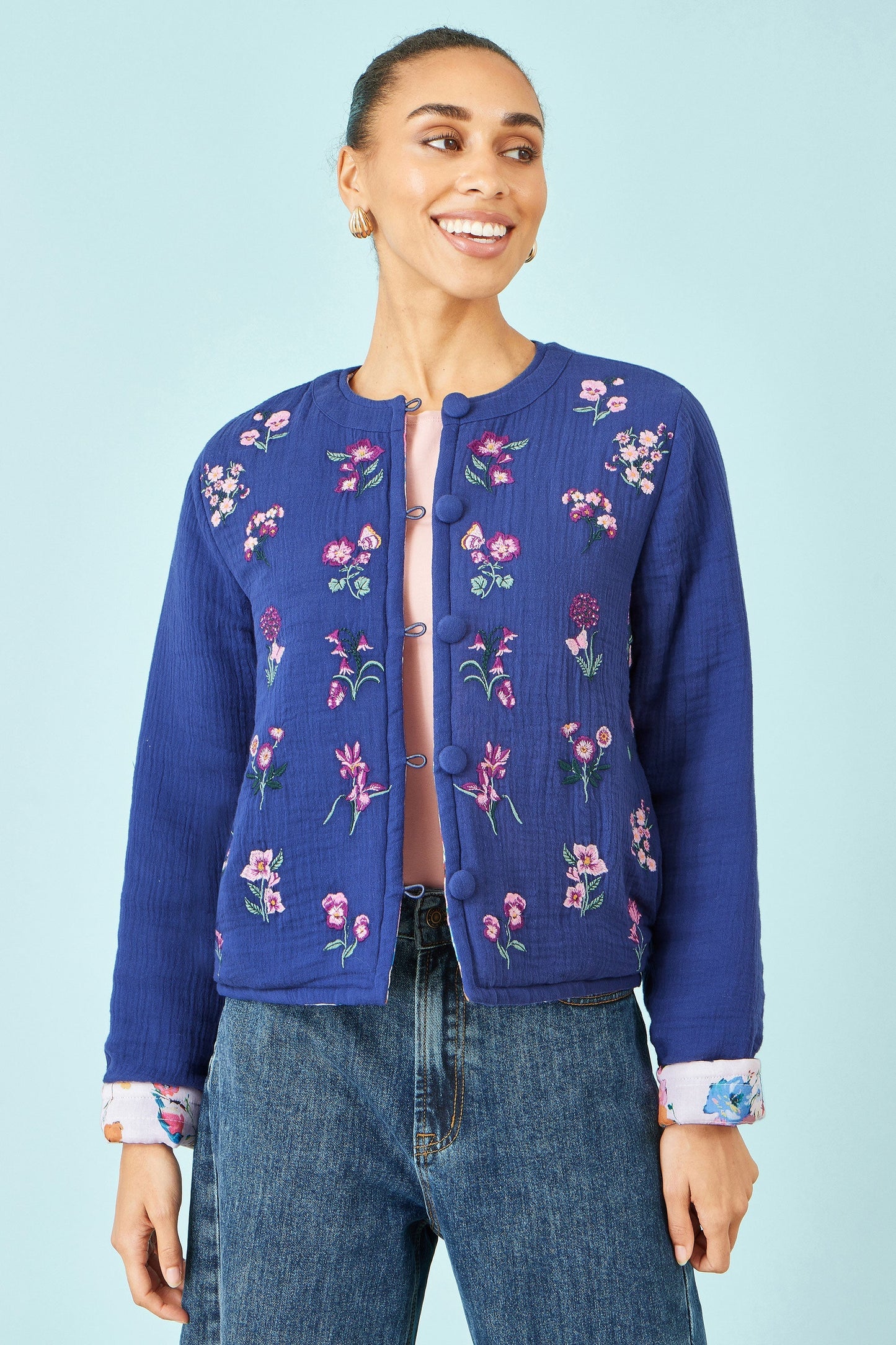 Blue Floral Embroidery Cotton Jacket - Bascora