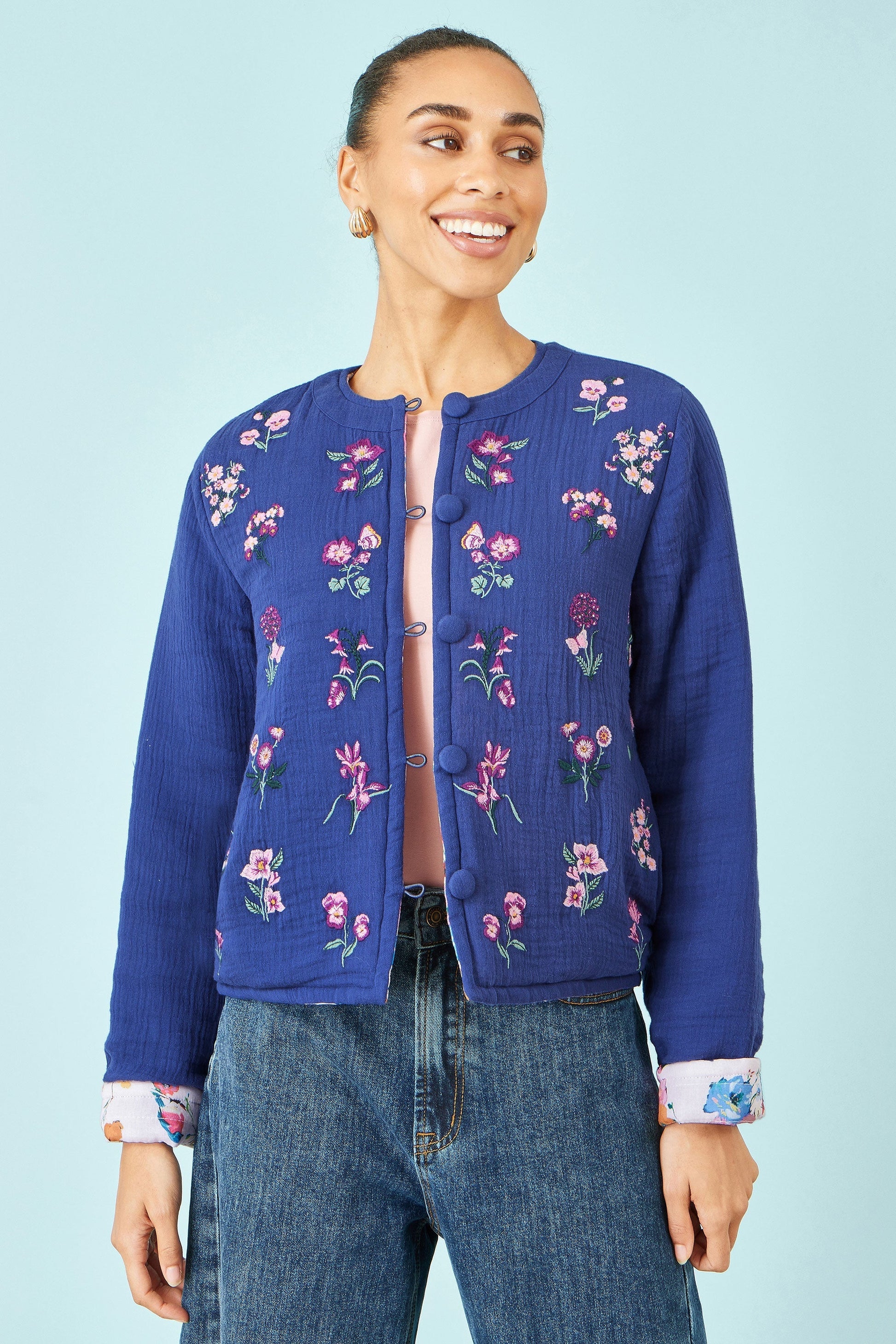Blue Floral Embroidery Cotton Jacket - Bascora