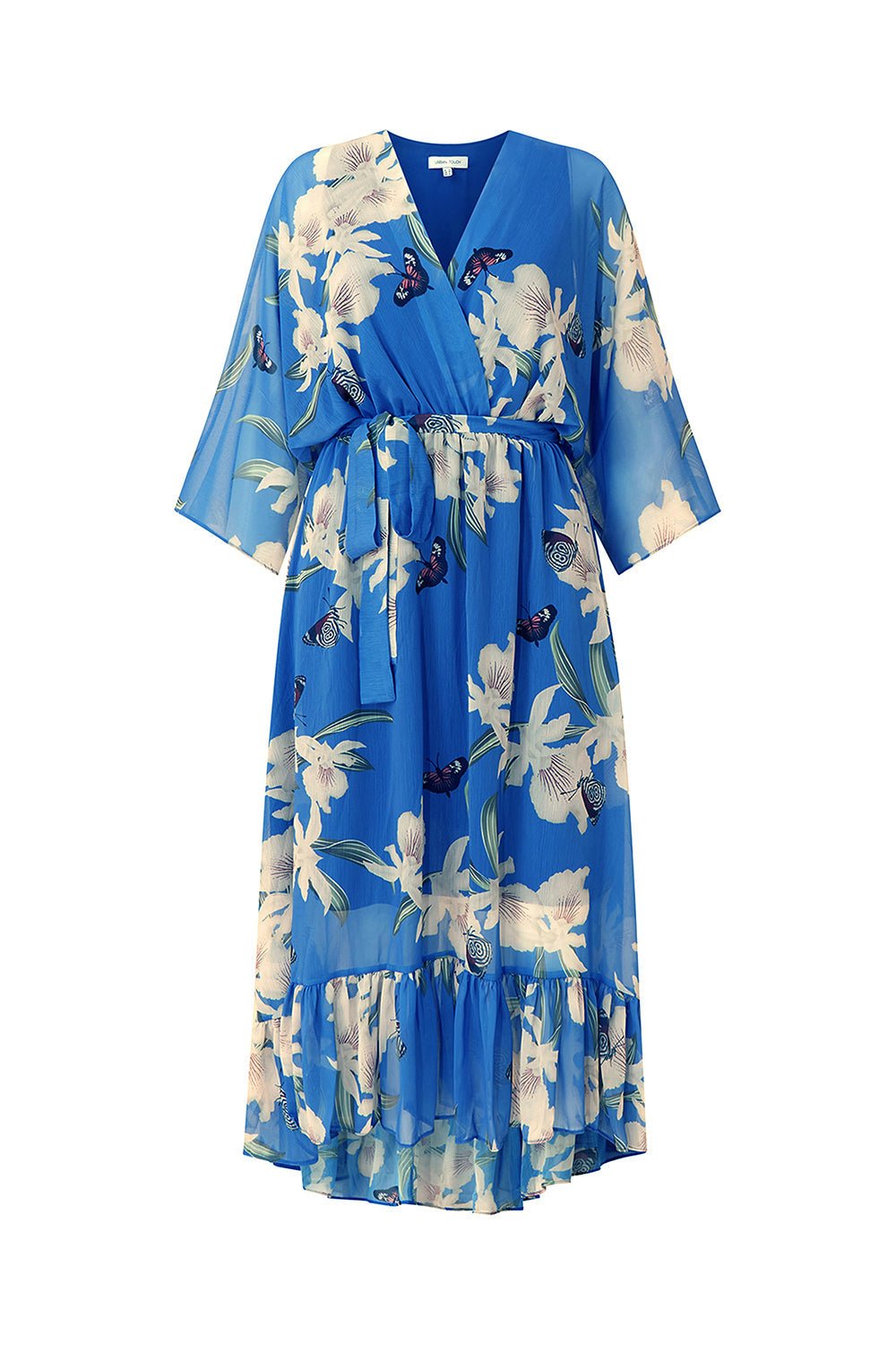 Blue Floral Kimono Sleeves Dip Hem Wrap Midi Dress - Bascora