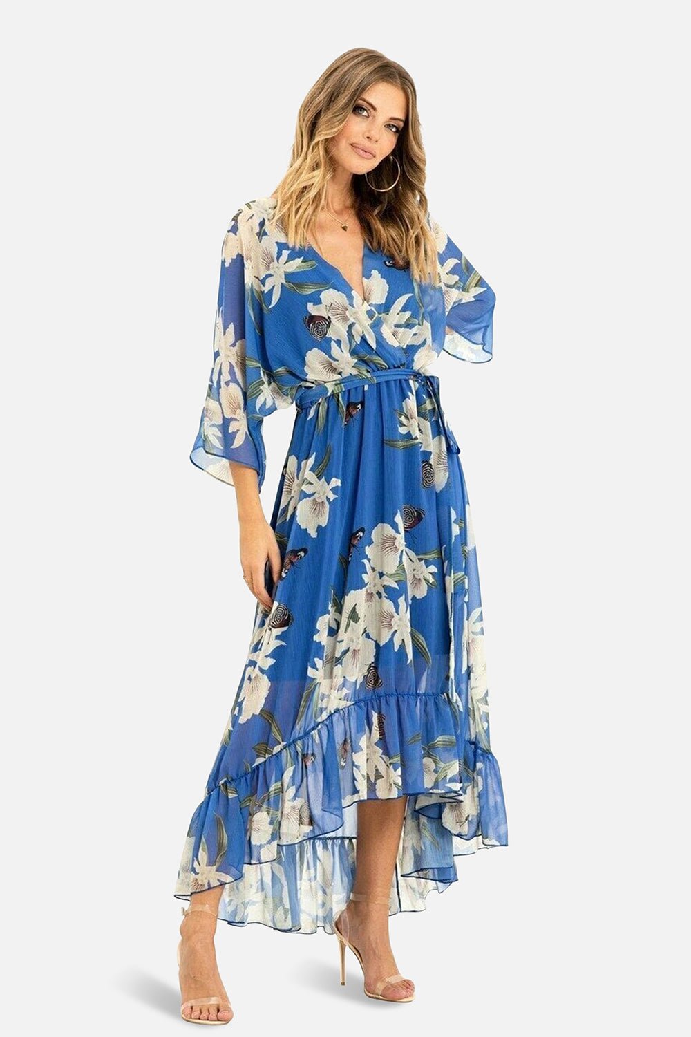 Blue Floral Kimono Sleeves Dip Hem Wrap Midi Dress - Bascora