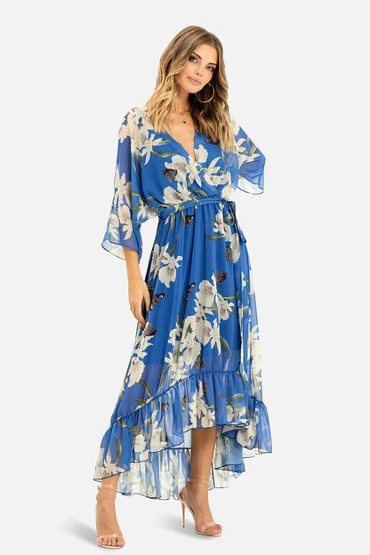 Blue Floral Kimono Sleeves Dip Hem Wrap Midi Dress - Bascora