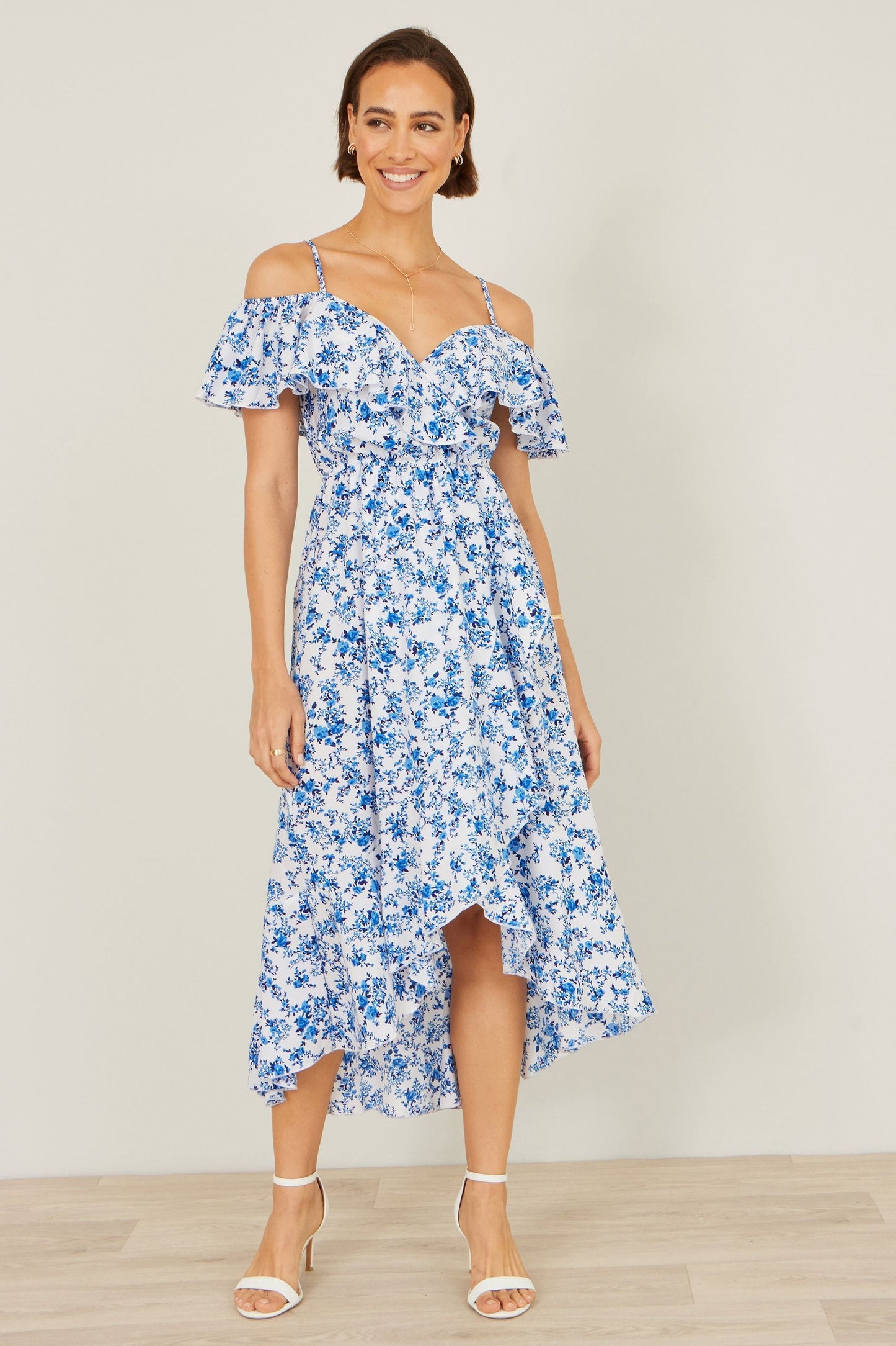 Blue Floral Print Bardot Midi Dress With Dip Hem - Bascora