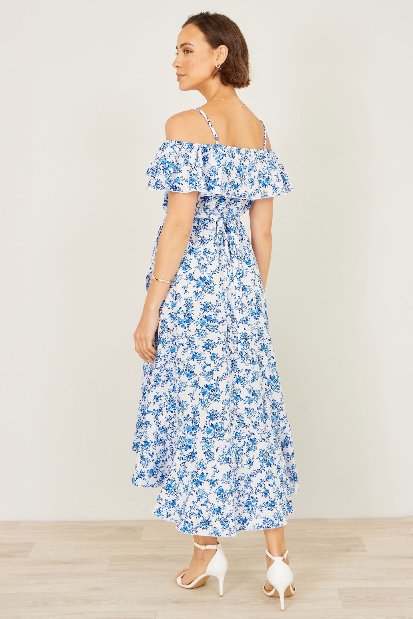 Blue Floral Print Bardot Midi Dress With Dip Hem - Bascora