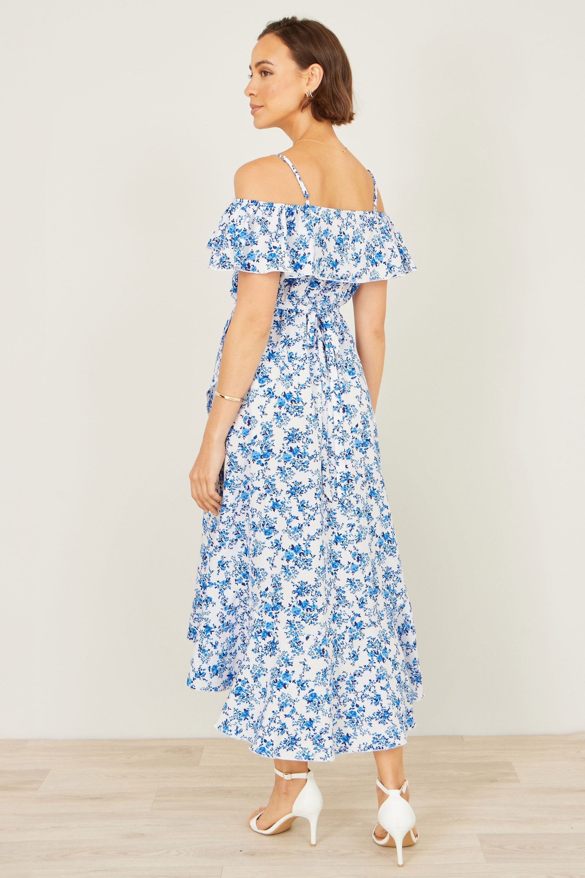 Blue Floral Print Bardot Midi Dress With Dip Hem - Bascora