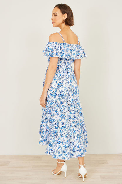Blue Floral Print Bardot Midi Dress With Dip Hem - Bascora