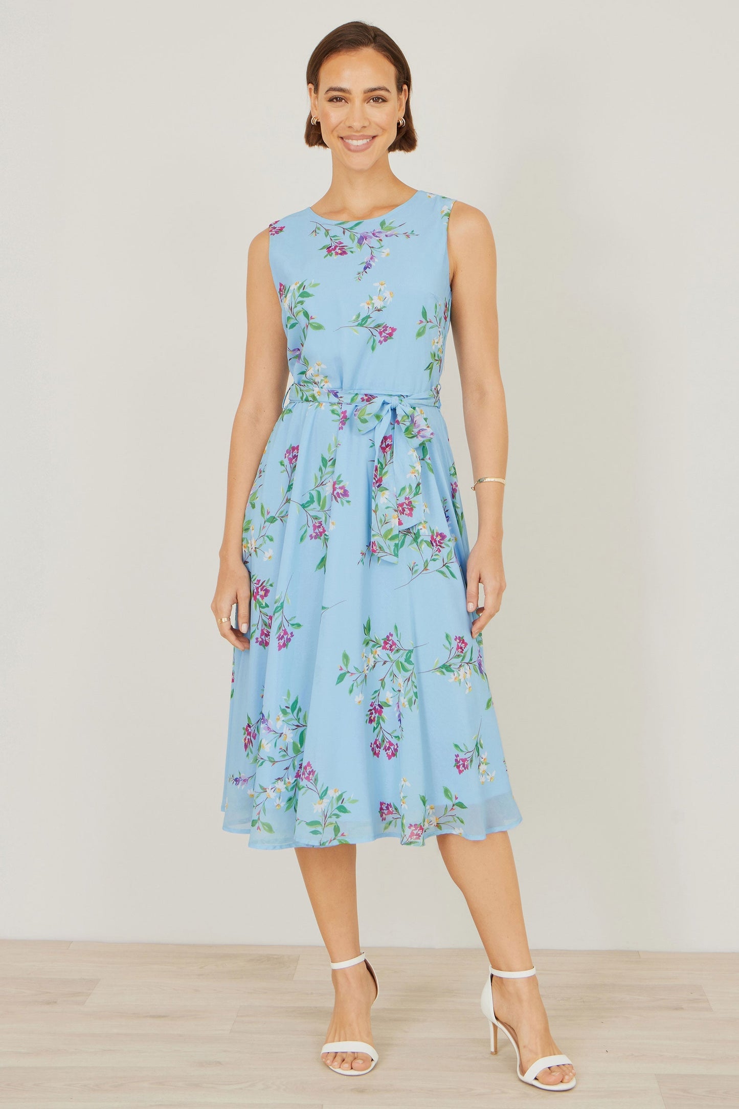 Blue Floral Print Midi Skater Dress - Bascora