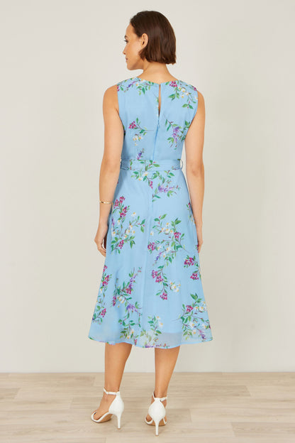 Blue Floral Print Midi Skater Dress - Bascora