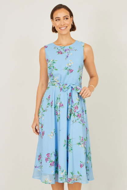 Blue Floral Print Midi Skater Dress - Bascora
