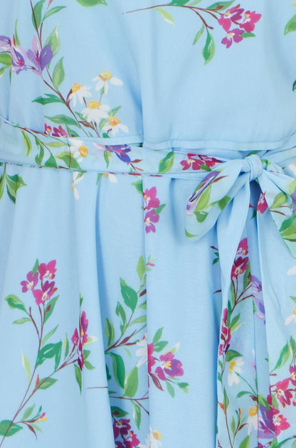 Blue Floral Print Midi Skater Dress - Bascora