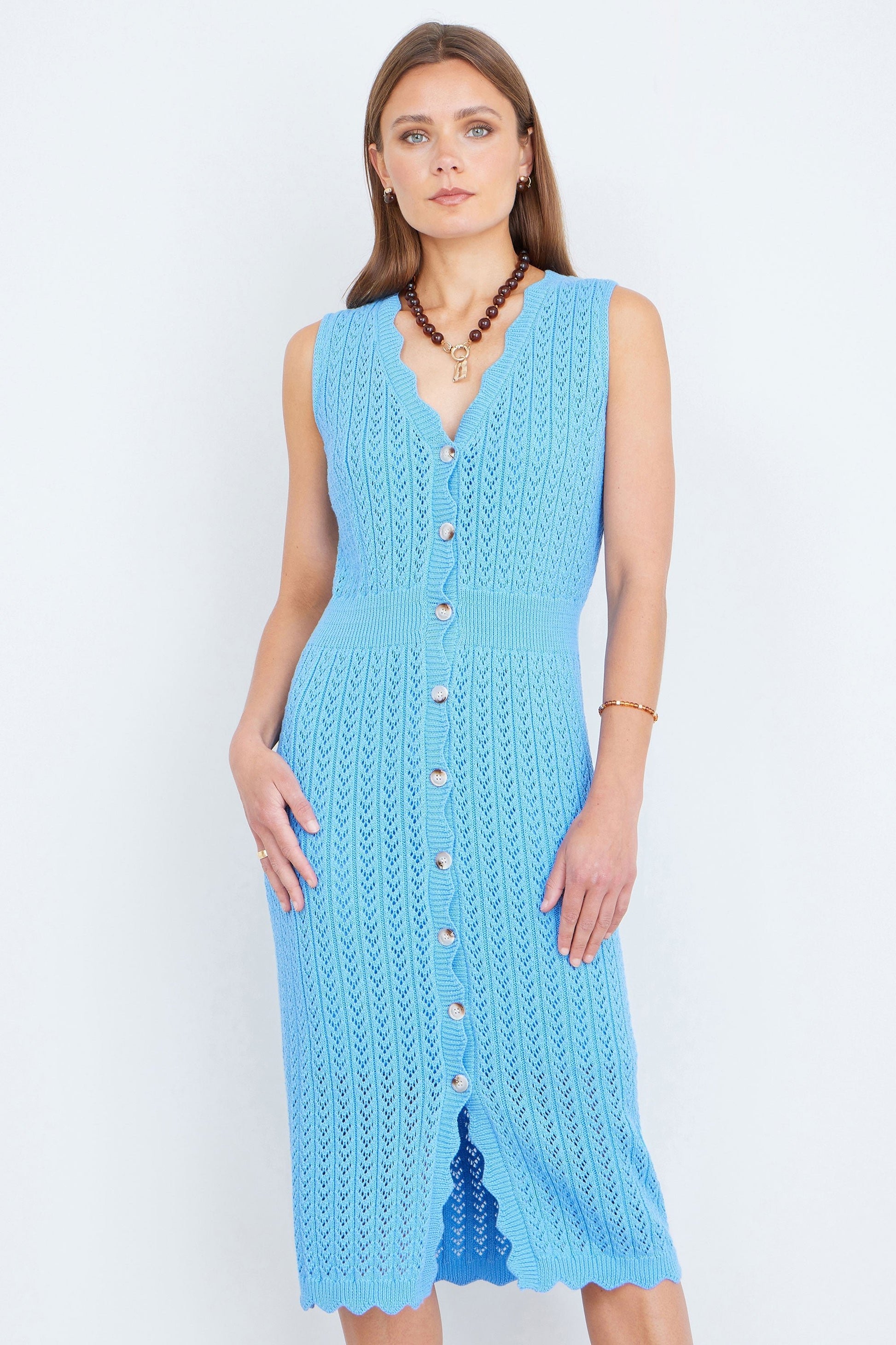 Blue Scallop Edge Crochet Knitted Midi Dress - Bascora