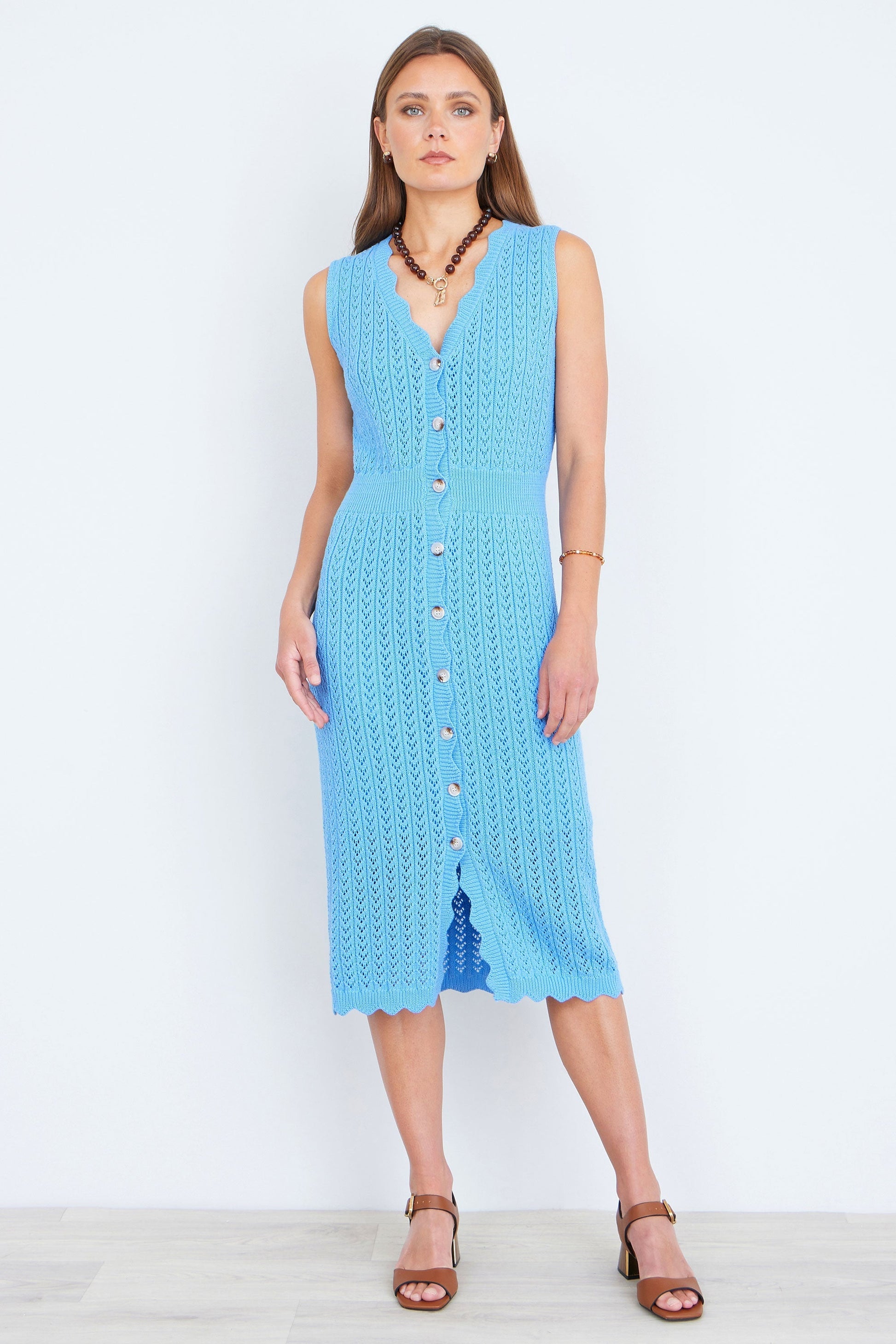 Blue Scallop Edge Crochet Knitted Midi Dress - Bascora
