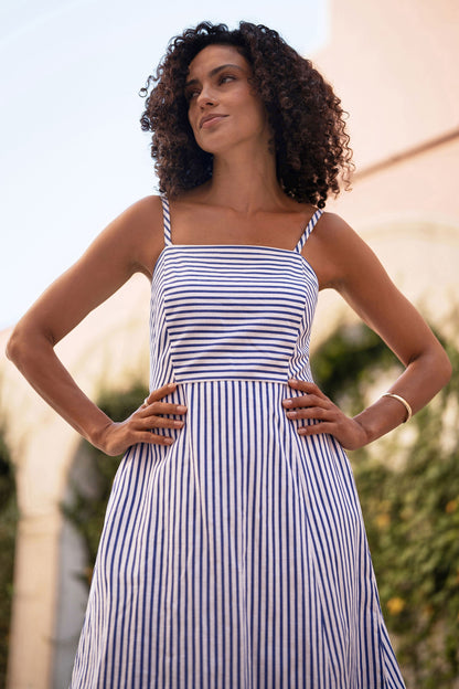 Blue Stripe Cotton Sun Dress With Ruched Back - Bascora