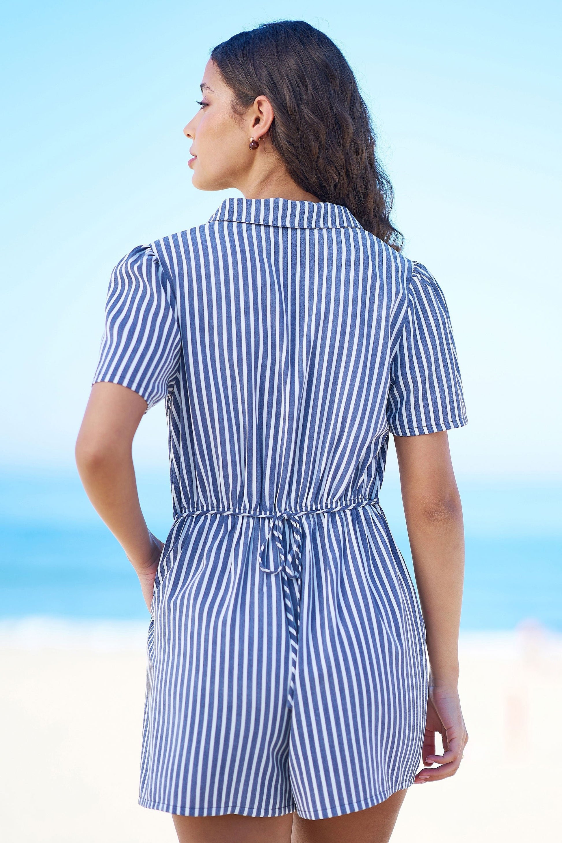 Blue Stripe Retro Playsuit - Bascora