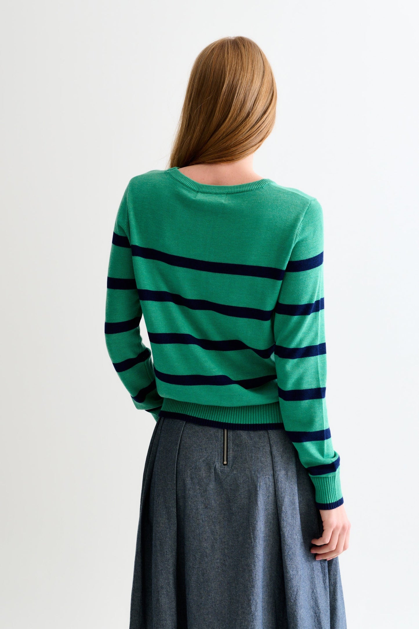 Bly Bow Intarsia Striped Jumper – Navy - Bascora