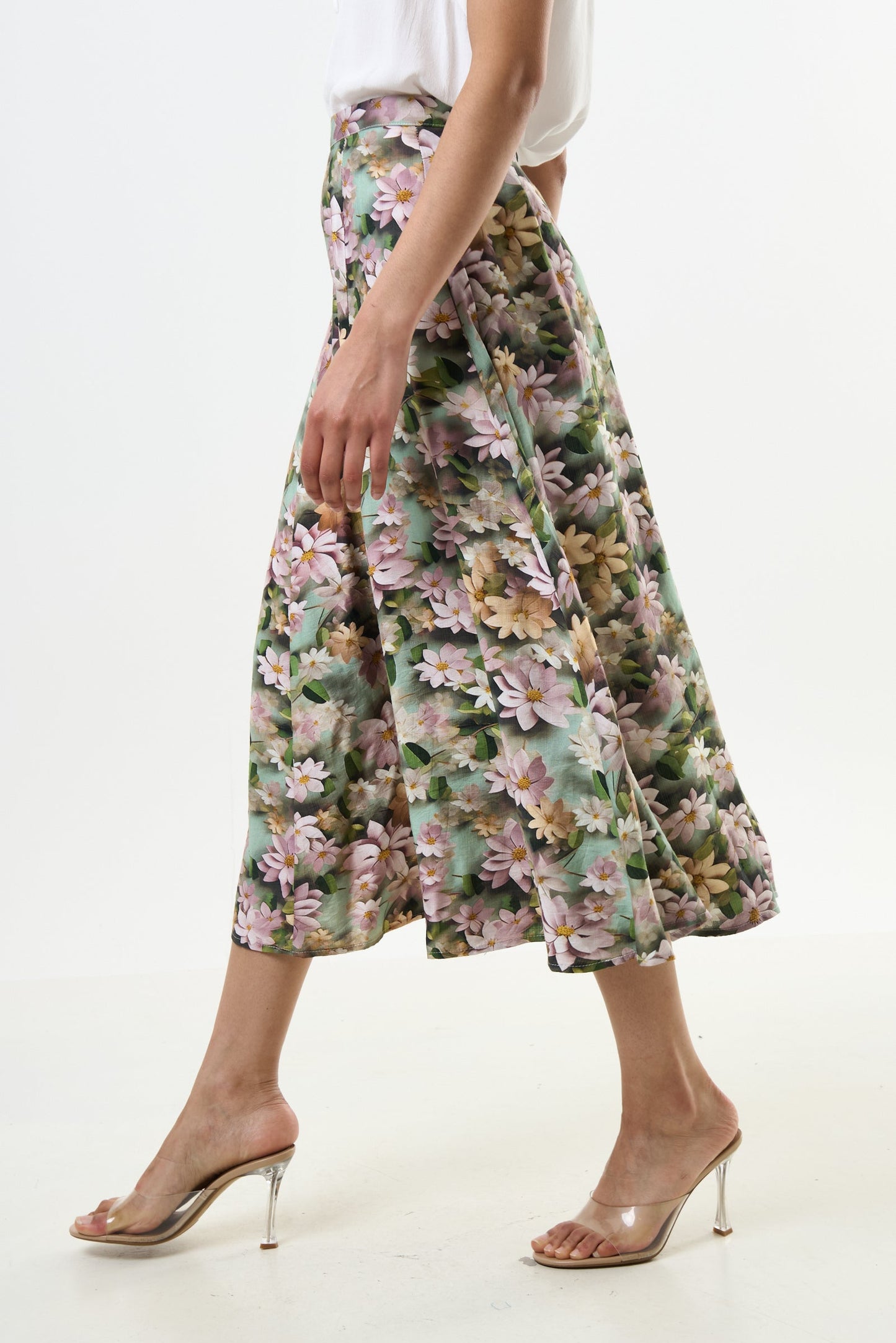 Brisa 3D Daisy Print Midi Skirt - Green - Bascora