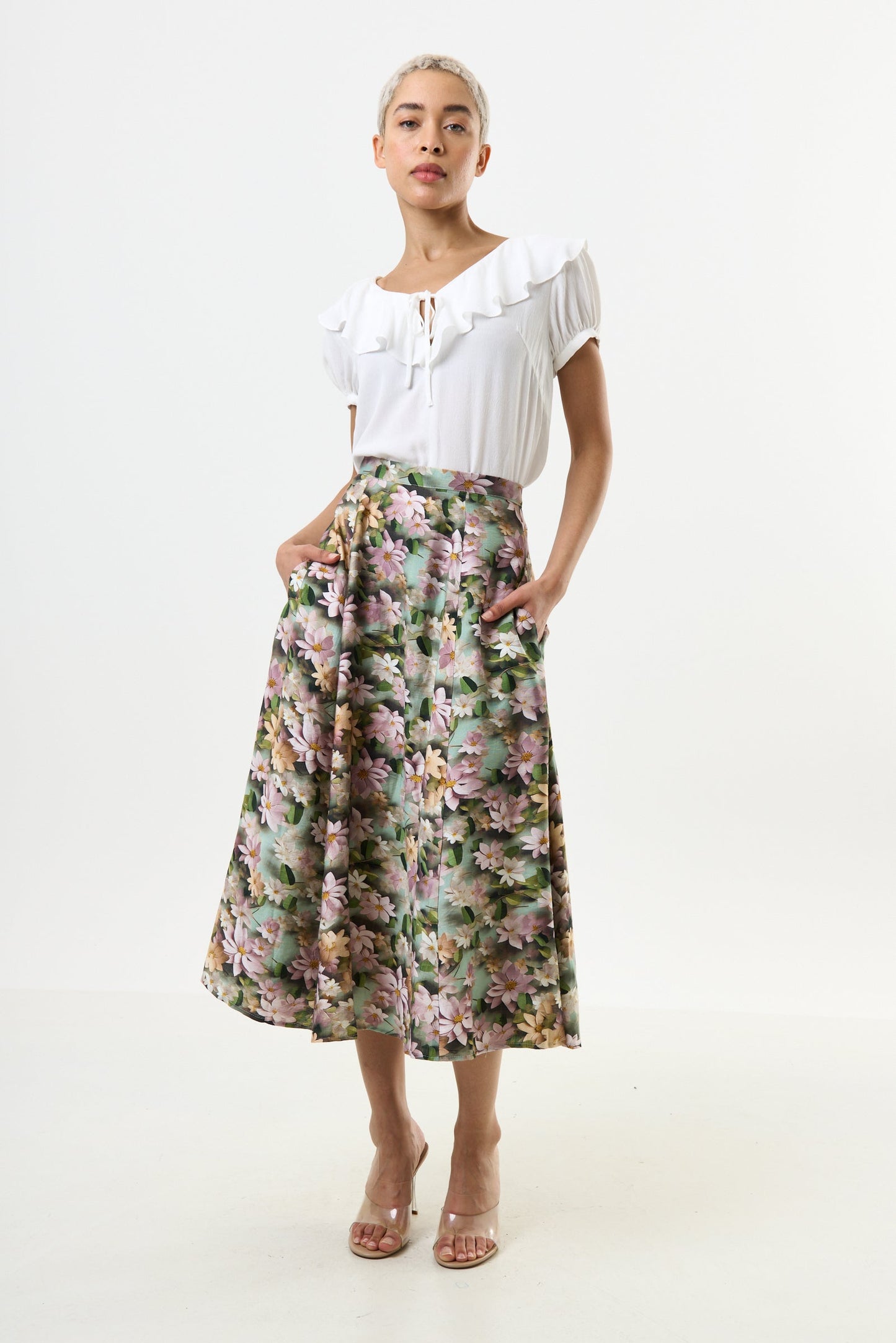 Brisa 3D Daisy Print Midi Skirt - Green - Bascora