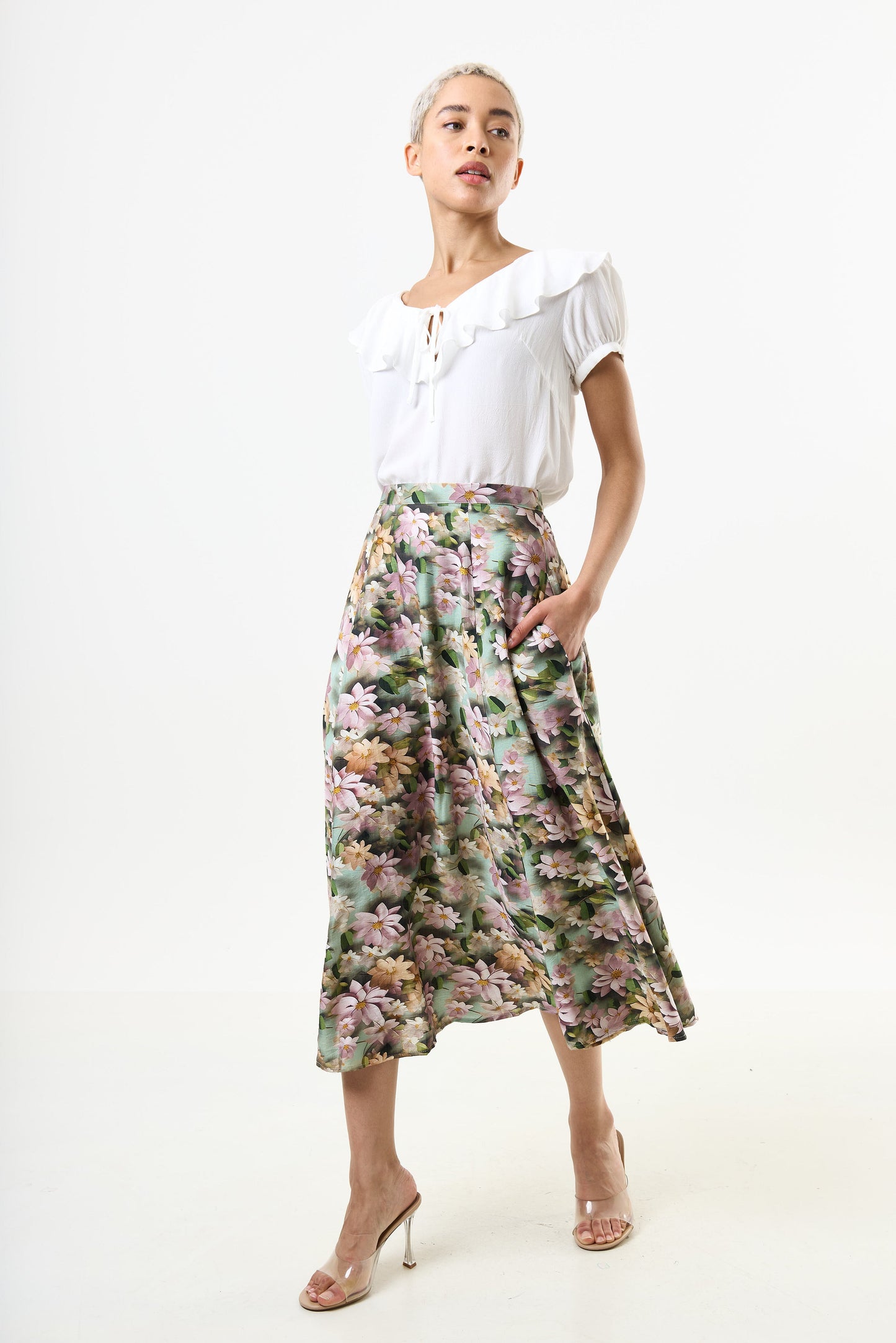 Brisa 3D Daisy Print Midi Skirt - Green - Bascora