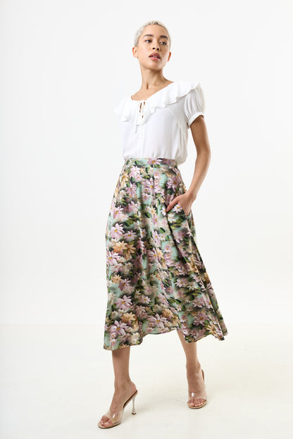 Brisa 3D Daisy Print Midi Skirt - Green - Bascora
