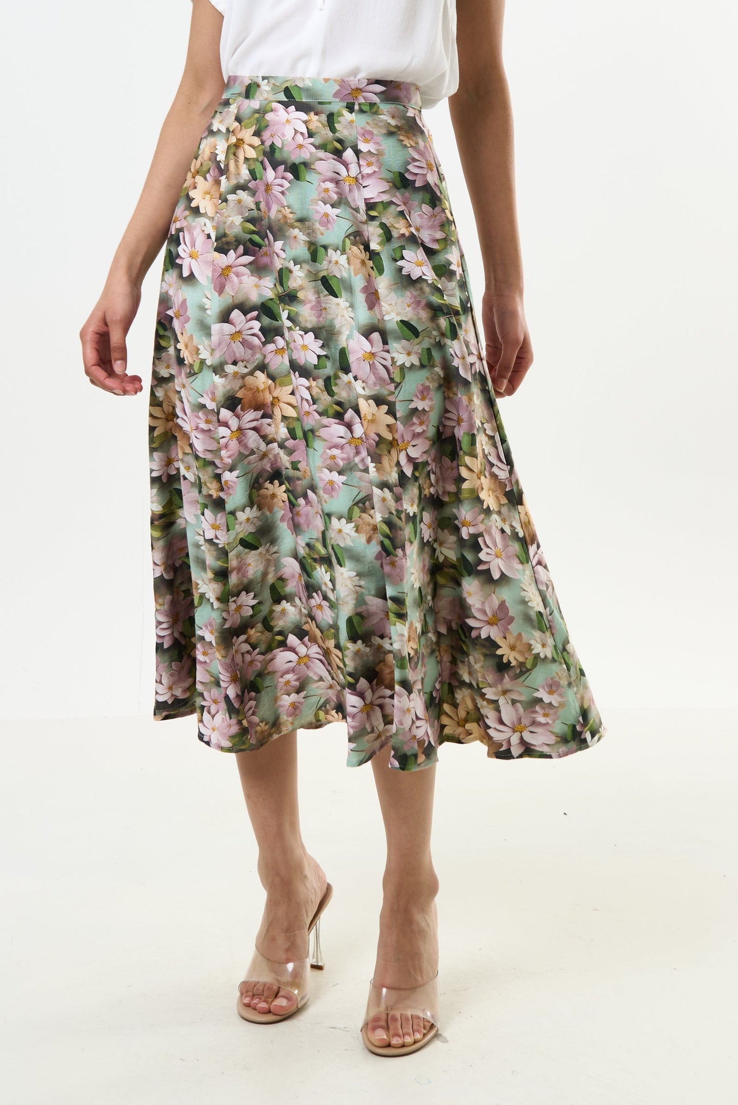 Brisa 3D Daisy Print Midi Skirt - Green - Bascora