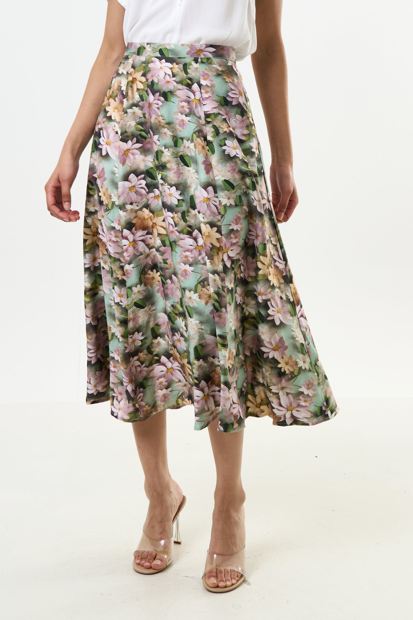 Brisa 3D Daisy Print Midi Skirt - Green - Bascora